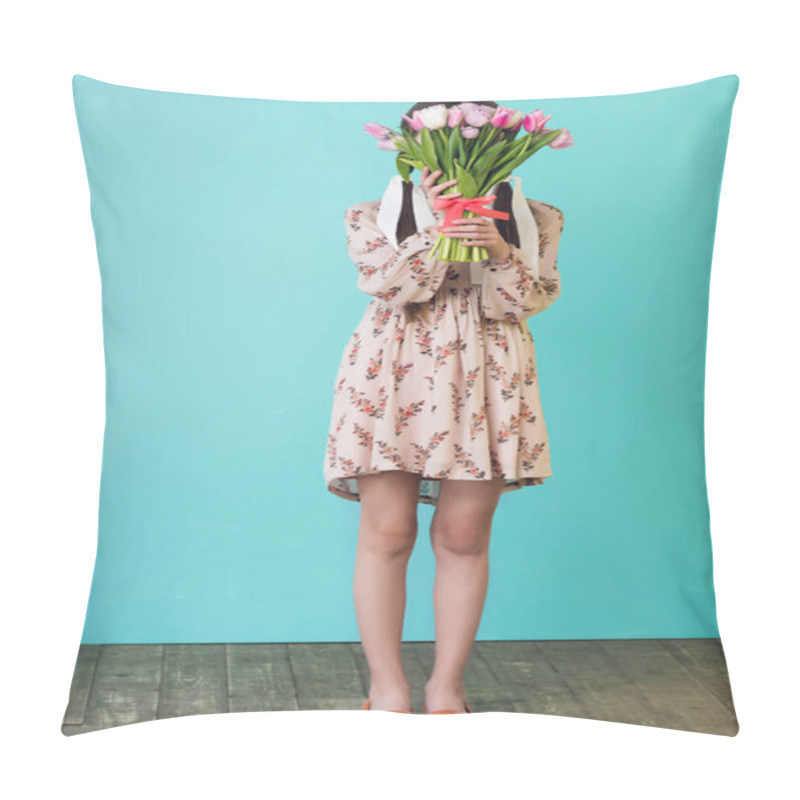 Personality  Stylish Girl In Summer Dress Holding Tulips, On Blue Pillow Covers