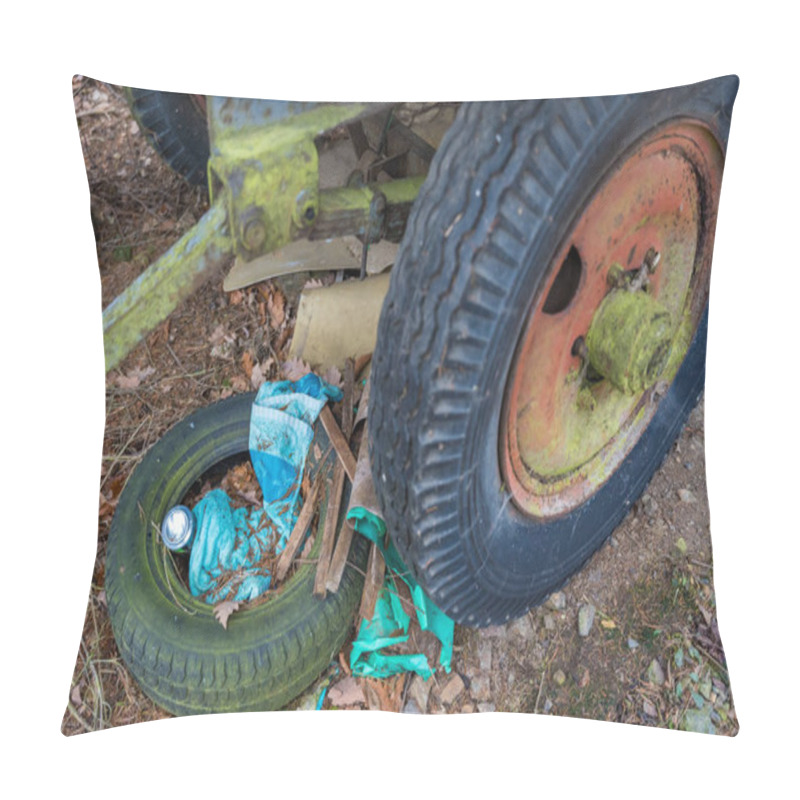 Personality  A Discarded, Mossy Tire Filled With Trash, Including Textiles And Cans, Lies In A Quiet Forest Near An Abandoned Trailer. The Scene Highlights Pollution And Human Neglect Of Nature In Czech Republic.  Pillow Covers