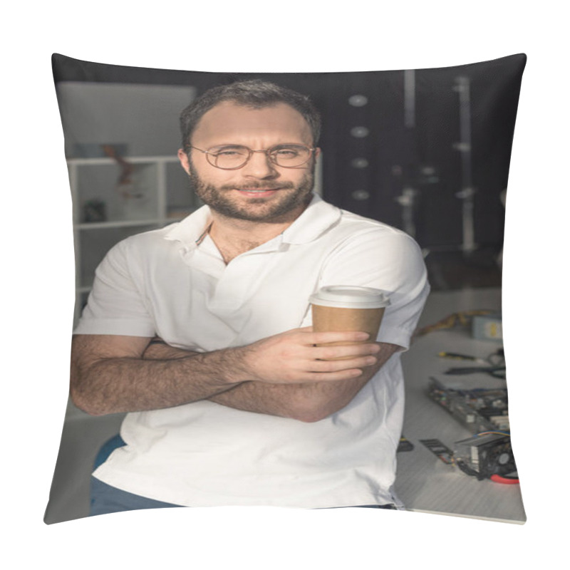 Personality  Man With Coffee In Hand Looking At Camera While Leaning On Table  Pillow Covers