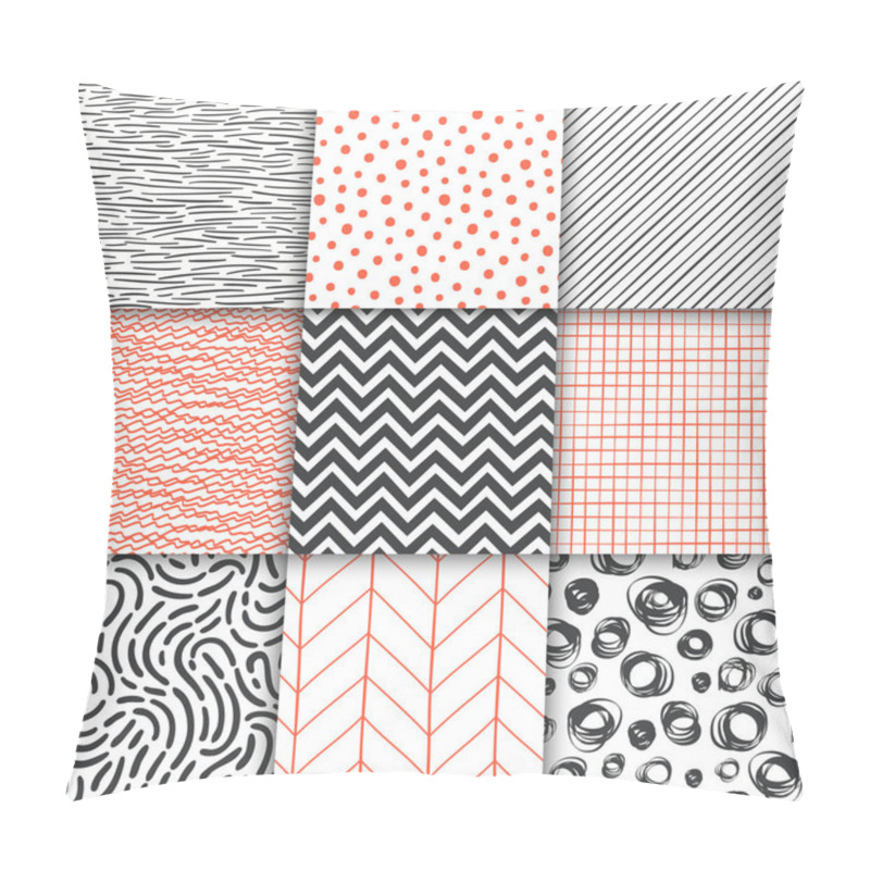 Personality  Abstract Hand Drawn Geometric Simple Minimalistic Seamless Patterns Set. Polka Dot, Stripes, Waves, Random Symbols Textures. Vector Illustration Pillow Covers