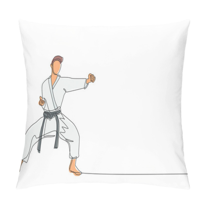 Personality  Single One Line Drawing Young Talented Karateka Man Train With Punch Pose For Duel Fighting At Dojo Gym Center. Mastering Martial Art Sport Concept. Modern Continuous Line Draw Design Graphic Vector Pillow Covers