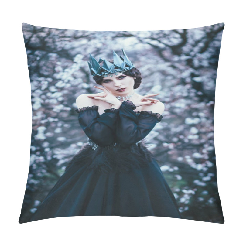 Personality  Grim Lady With Pale White Skin And Dark Hair Beside Flowering Tree, Witch Turns With Black Crow With Long Luxurious Dress And Open Shoulders, Gothic Image And Makeup, Cold Metal Crown And Jewels Pillow Covers