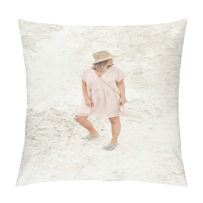 Personality  Stylish Girl In Trendy Summer Linen Dress With Straw Hat And Bag Posing On The Sand. Summer Outfit Pillow Covers