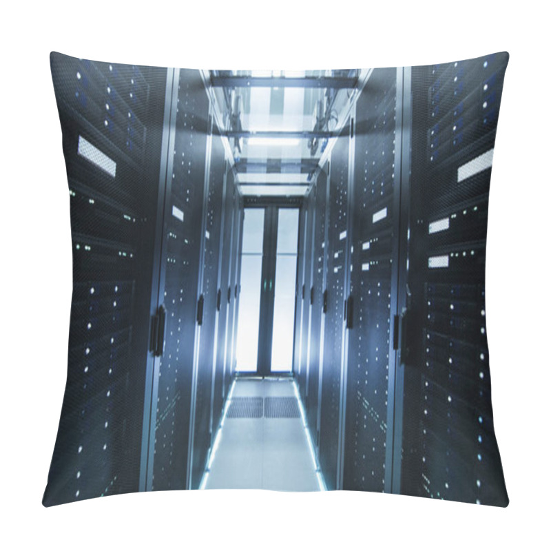 Personality  Shot Of A Working Data Center With Rows Of Rack Servers. Pillow Covers