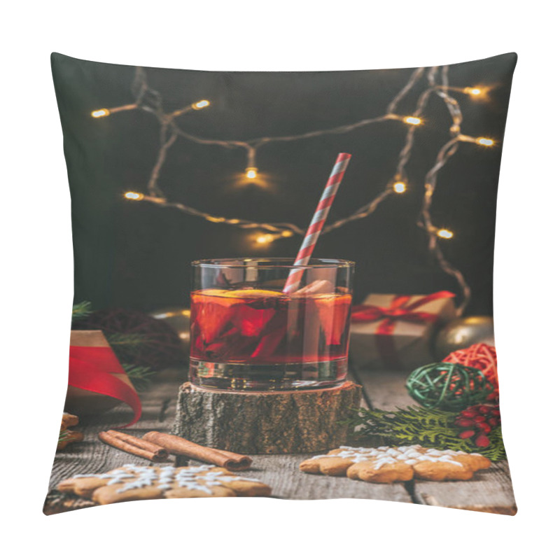 Personality  Glass Of Mulled Wine On Wooden Stump With Gingerbread And Christmas Light Garland Pillow Covers