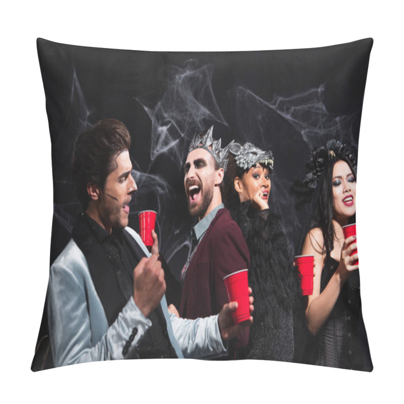 Personality  Joyful Multiethnic Friends With Plastic Cups Dancing On Halloween Party On Black   Pillow Covers