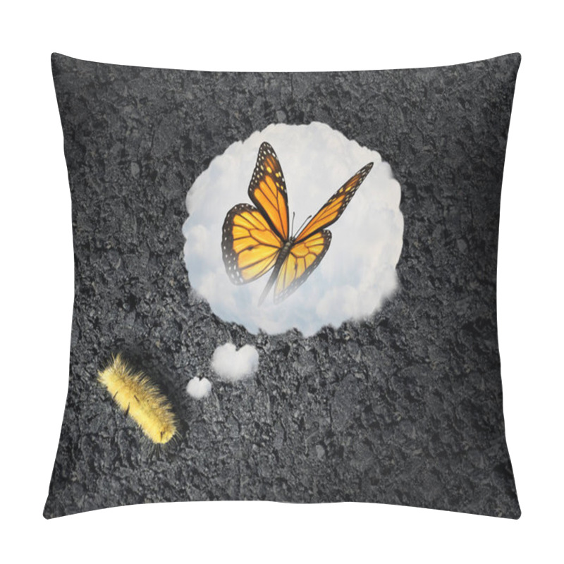 Personality  Ambition Concept And Aspiration Idea As A Caterpillar Dreaming Of Becoming A Butterfly As An Achievement And Hope For Futur Success Symbol With 3D Illustration Elements. Pillow Covers