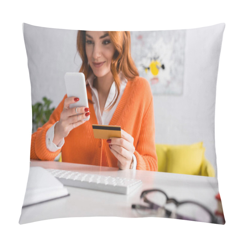 Personality  Blurred Woman Smiling While Holding Credit Card Near Keyboard At Home  Pillow Covers