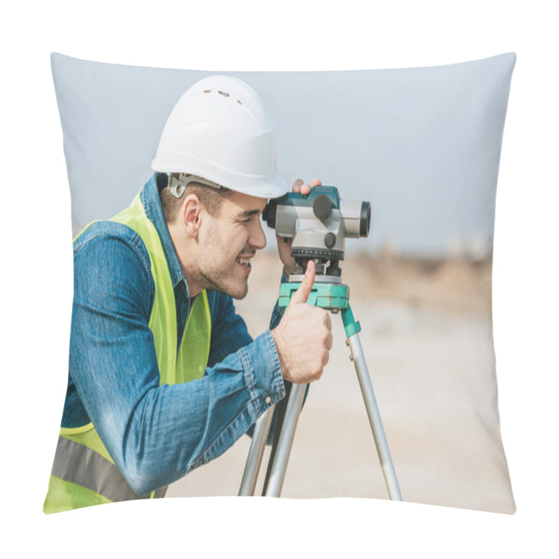 Personality  Smiling Surveyor Looking Through Digital Level And Showing Thumb Up Gesture Pillow Covers