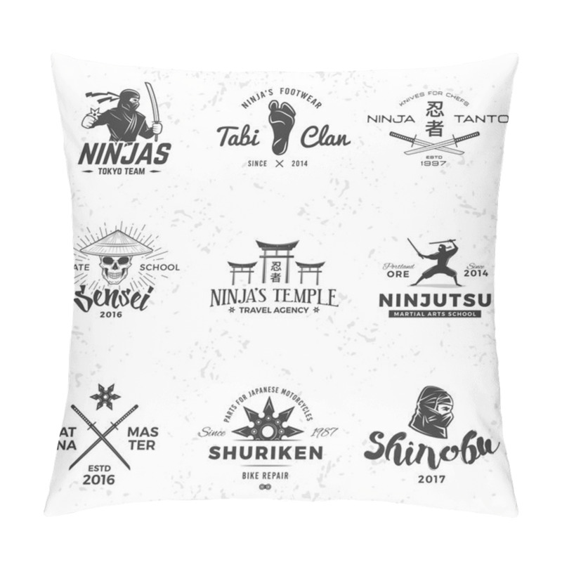 Personality  Set Of Japan Ninja Logo.  Sensei Skull Insignia Design. Sport Samurai Mascot Badge. Katana Master T-shirt Concept On Grunge Background Pillow Covers