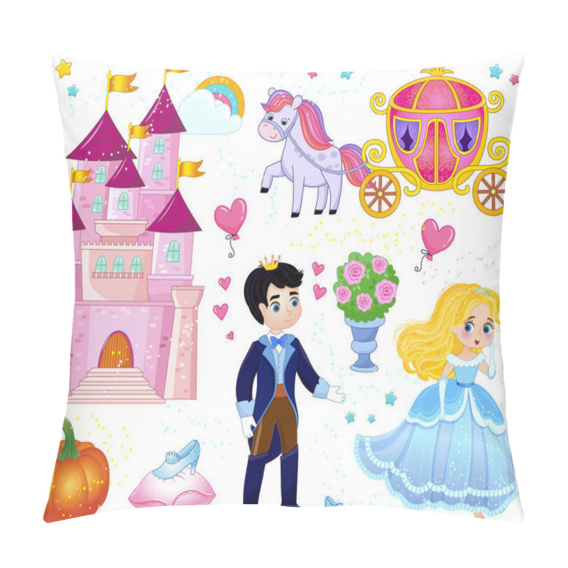 Personality  Set Of Fairy Tale Items And Characters In Cartoon Style. Prince And Princess Near The Castle. Vector Illustration Pillow Covers