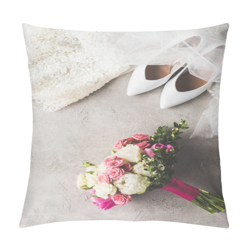 Personality  Top View Of Wedding Dress, Shoes And Bouquet On Gray Surface Pillow Covers