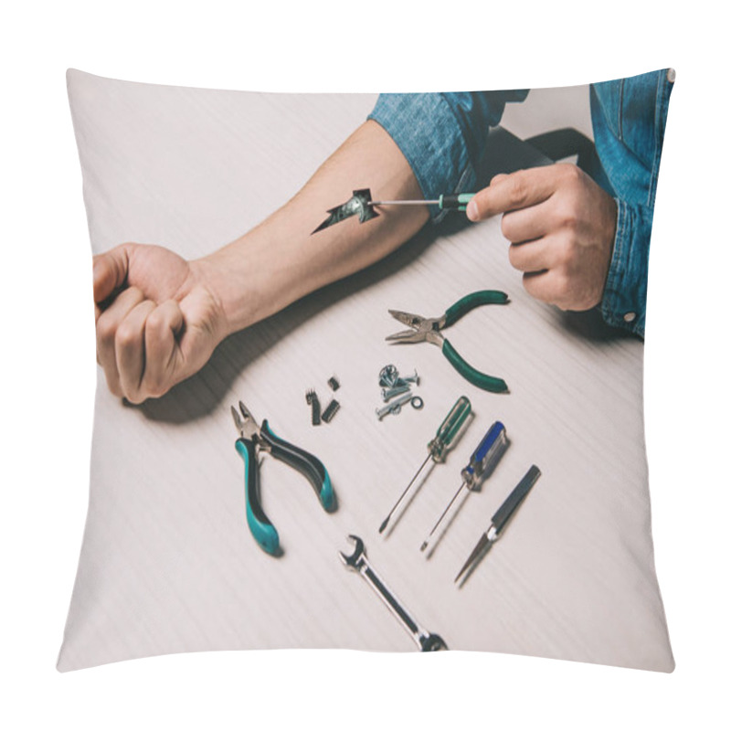 Personality  Cropped View Of Man Repairing Hand With Screwdriver Pillow Covers