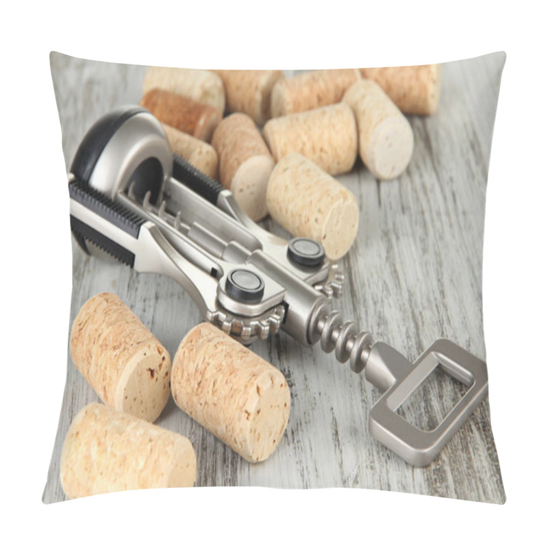 Personality  Corkscrew With Wine Corks And Bottle Of Wine On Wooden Table Close-up Pillow Covers