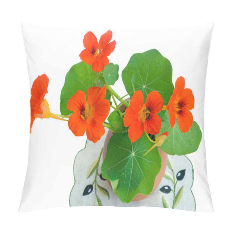 Personality  Nasturtium Flowers In A Ceramic Vase On A White Background. Pillow Covers