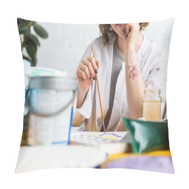 Personality  Young Inspired Girl Making Paint Samples In Light Studio Pillow Covers