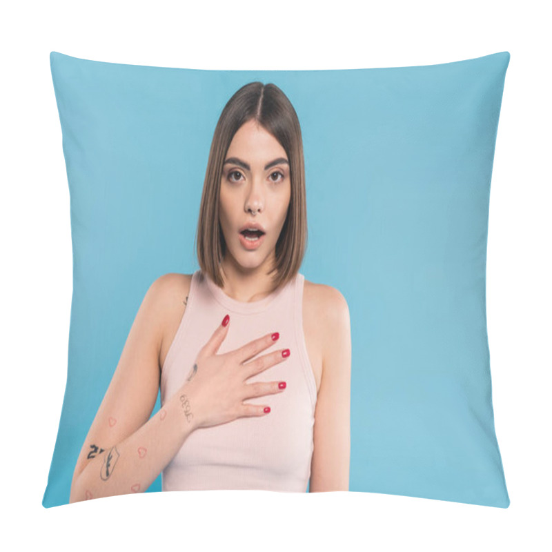 Personality  Shocked Woman With Hand On Chest, Stylish Model With Tattoos And Nose Piercing Looking At Camera On Blue Background, Emotional, Opened Mouth, Generation Z, Summer Fashion  Pillow Covers