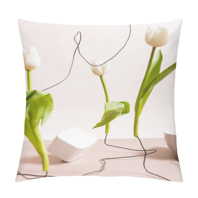 Personality  Selective Focus Of Creative Floral Composition With Tulips On Wires, Cup And Square Cube Isolated On Beige Pillow Covers