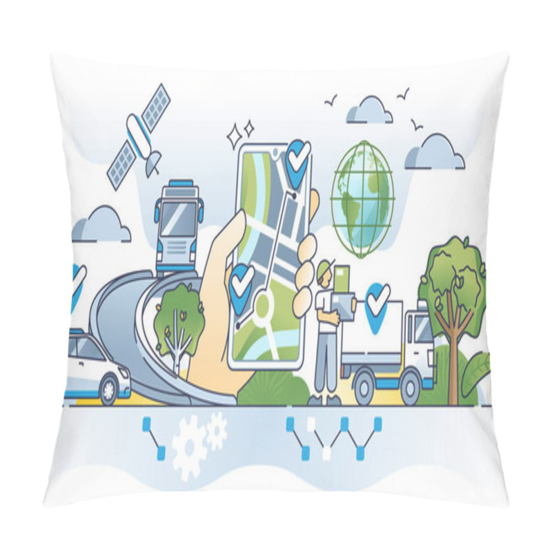 Personality  GPS Tracking Devices For Satellite Signal Location Detection Outline Concept. Global Positioning System For Shipment Tracking And Courier Route For Delivery Vector Illustration. Point On Route Map. Pillow Covers