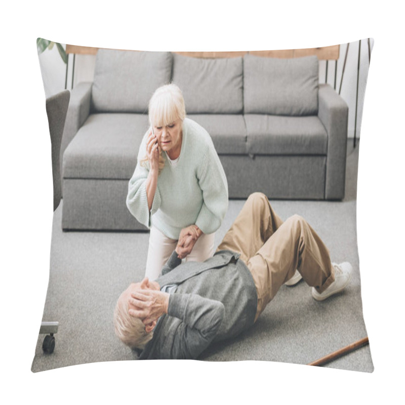 Personality  Senior Woman Helping To Husband Who Falled Down On Floor  Pillow Covers