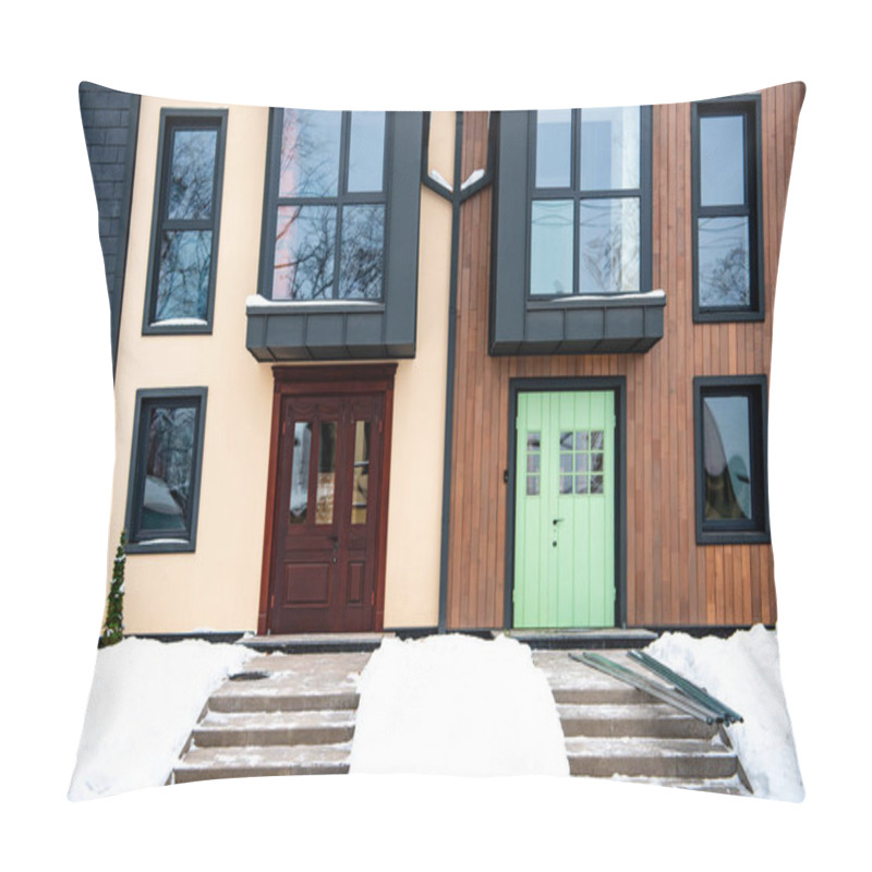 Personality  Stylish Modern Houses With Windows And Doors In Winter  Pillow Covers