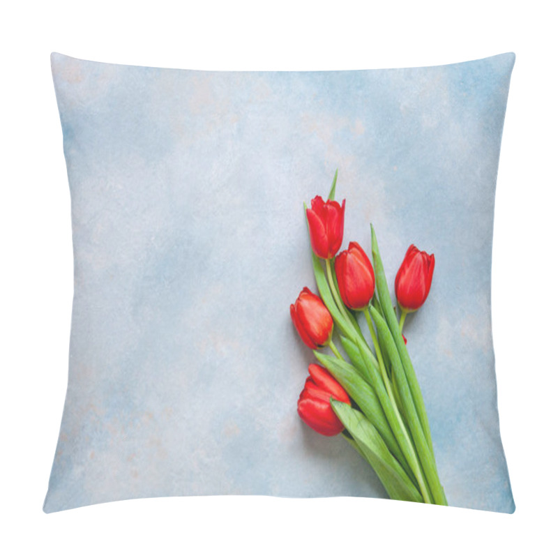 Personality  Bouquet Of Red Tulips. Concept For Valentine's Day, Womens Day And Other Romantic Events. Top View, Close-up, Flat Lay On Blue Background Pillow Covers