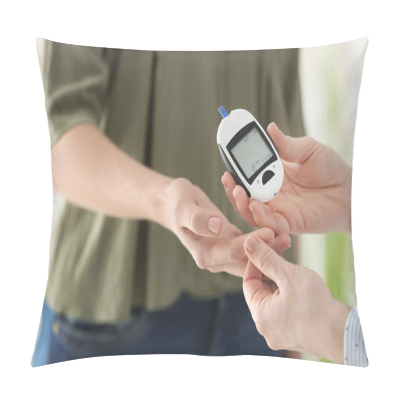 Personality  Doctor Checking Diabetic Patient's Blood Sugar Level With Digital Glucometer, Closeup Pillow Covers