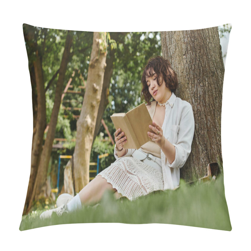 Personality  A Young Woman Enjoys Reading A Book Under A Tree In A Lush Summer Park. Pillow Covers