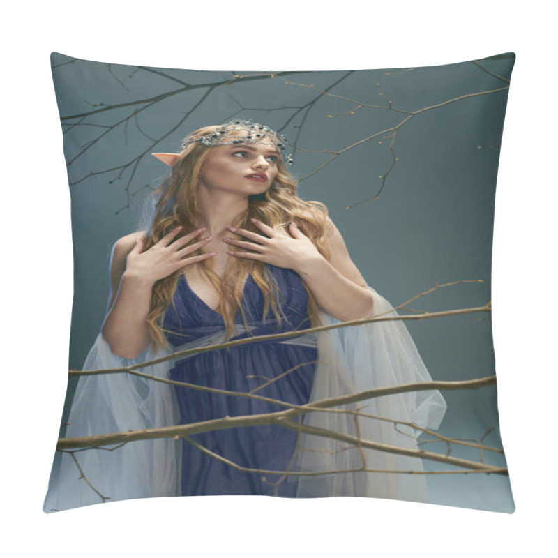 Personality  A Young Woman In A Blue Dress Stands Gracefully Next To A Majestic Tree In A Fairy Tale Setting. Pillow Covers