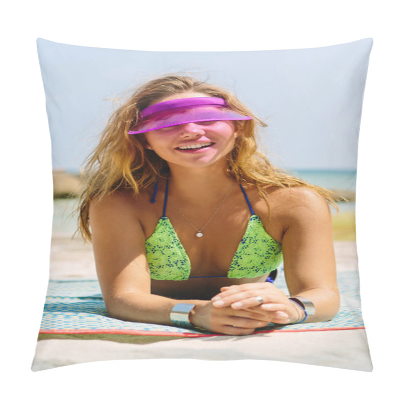 Personality  Beautiful Woman With Mat In Tropics. Pillow Covers