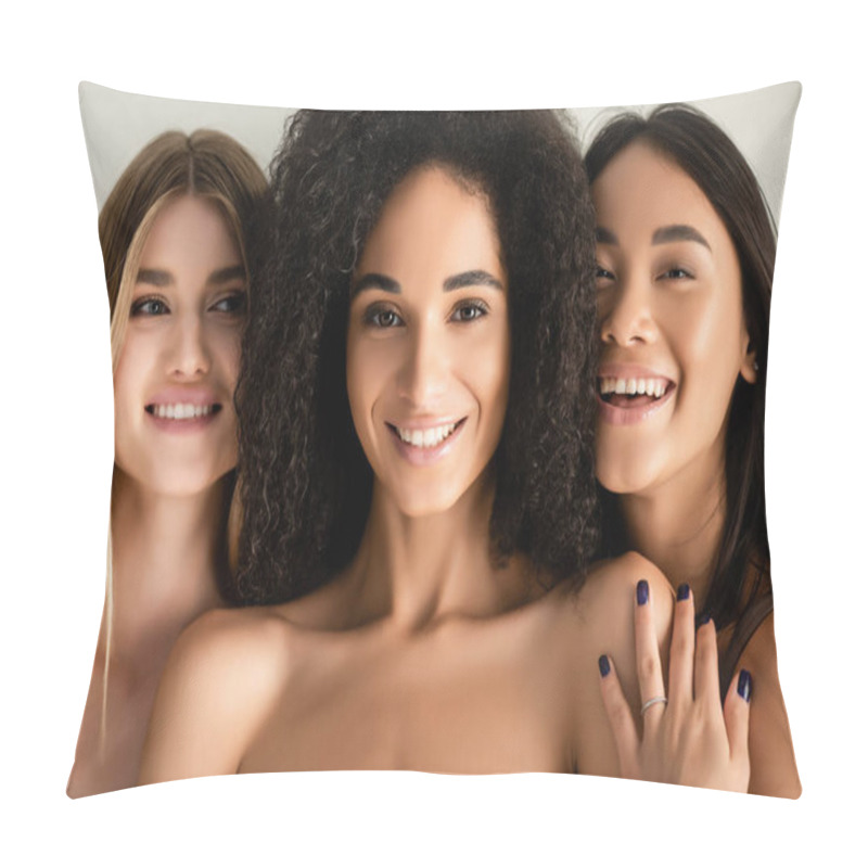 Personality  Cheerful Multicultural Models Looking At Camera Isolated On White  Pillow Covers