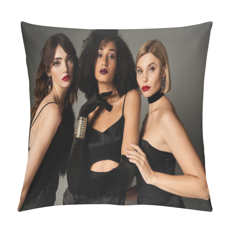 Personality  Three Young, Beautiful Women Of Different Backgrounds Pose Together In Elegant Black Dresses. Pillow Covers