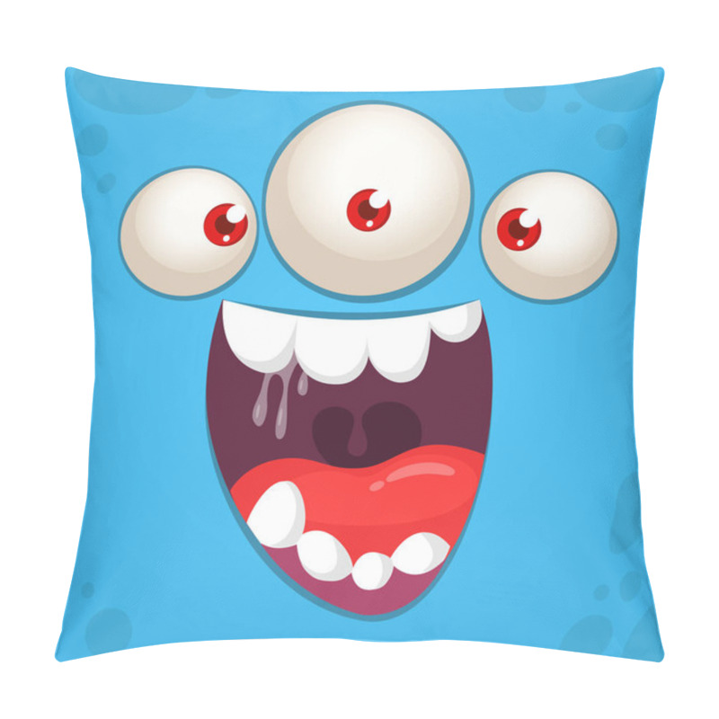 Personality  Funny Cartoon Monster Face With Three Eyes. Illustration Of Cute And Happy Mythical Alien Creature Expression. Halloween Design. Great For Party Decoration Or Package Design Pillow Covers