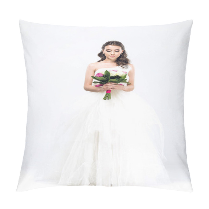 Personality  Beautiful Young Bride In Wedding Dress With Bouquet On White Pillow Covers