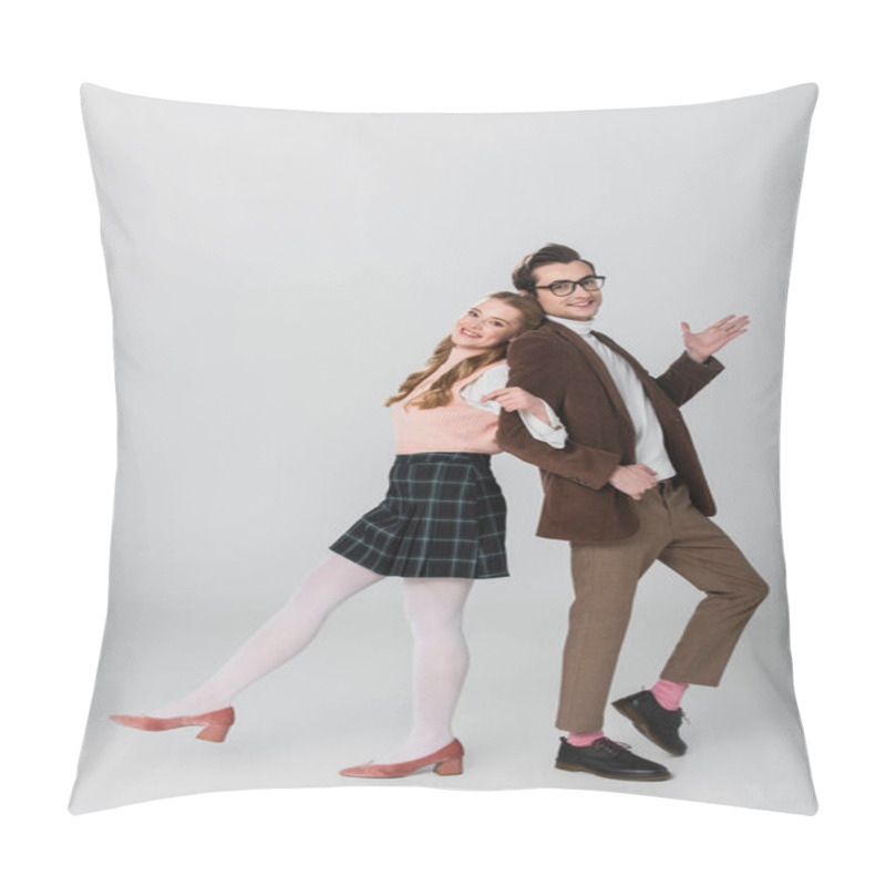 Personality  Cheerful Couple Smiling At Camera While Posing Back To Back On Grey Background Pillow Covers