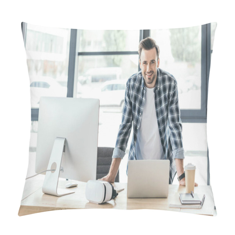 Personality  Young Man Smiling At Camera While Leaning At Table With Laptop And Desktop Computer Pillow Covers