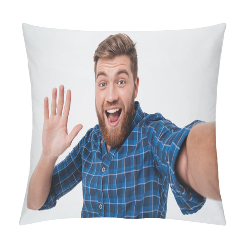 Personality  Happy Bearded Man Making Selfie And Giving Five At Camera Pillow Covers