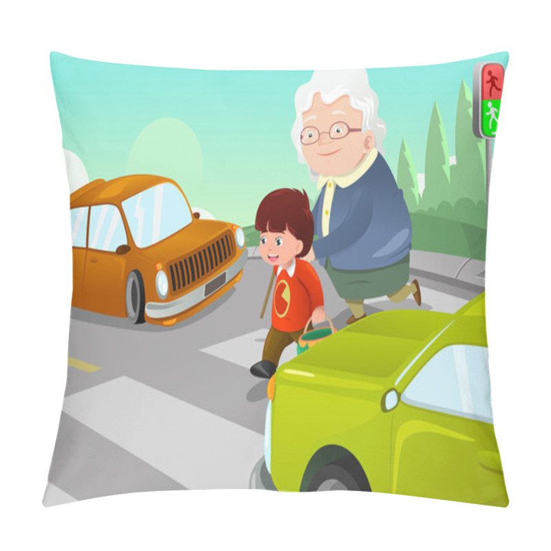 Personality  Kid Helping Senior Lady Crossing The Street Pillow Covers