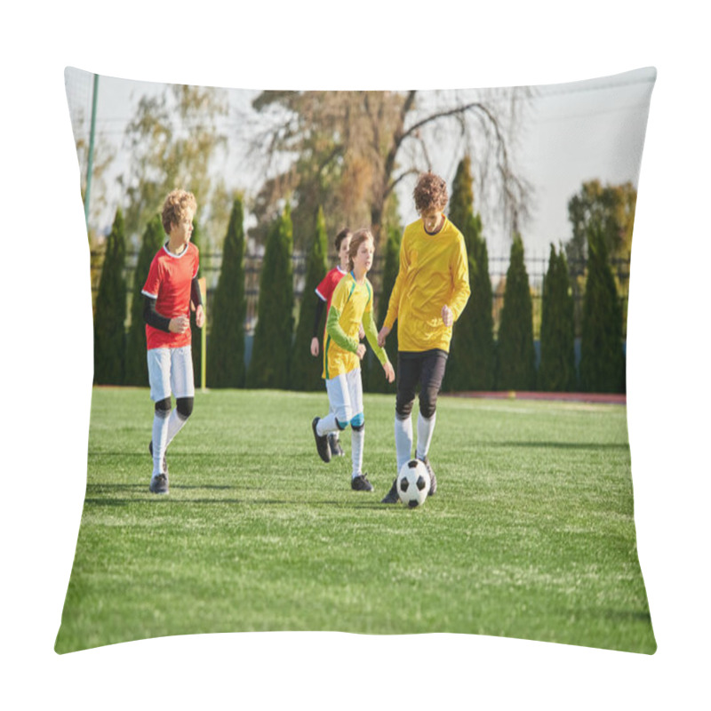 Personality  A Lively Group Of Young Children Joyfully Playing A Game Of Soccer On A Green Field. They Are Running, Kicking The Ball, And Shouting With Excitement As They Engage In Friendly Competition. Pillow Covers