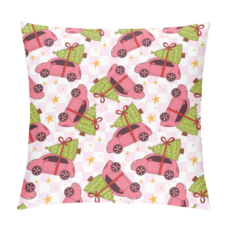 Personality  Festive Pink Cars With Christmas Trees In Cute Pattern. Vector Illustration Pillow Covers