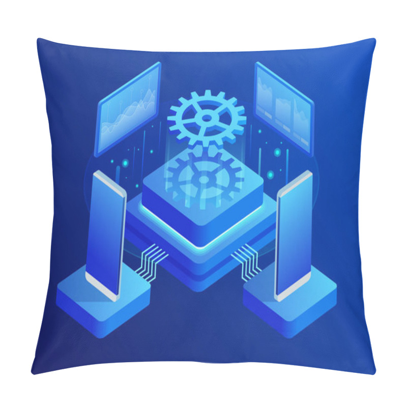 Personality  Isometric Digital Technology Or Mobile Phone Review. Interface Technology, The Future Of User Experience. Vector Illustration Pillow Covers