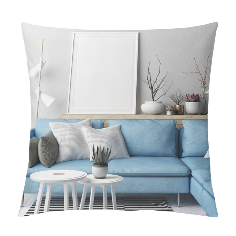 Personality  Mock Up Poster, Living Room Nordic Concept Design, Blue Sofa On Gray Background, 3d Illustration, 3d Render Pillow Covers