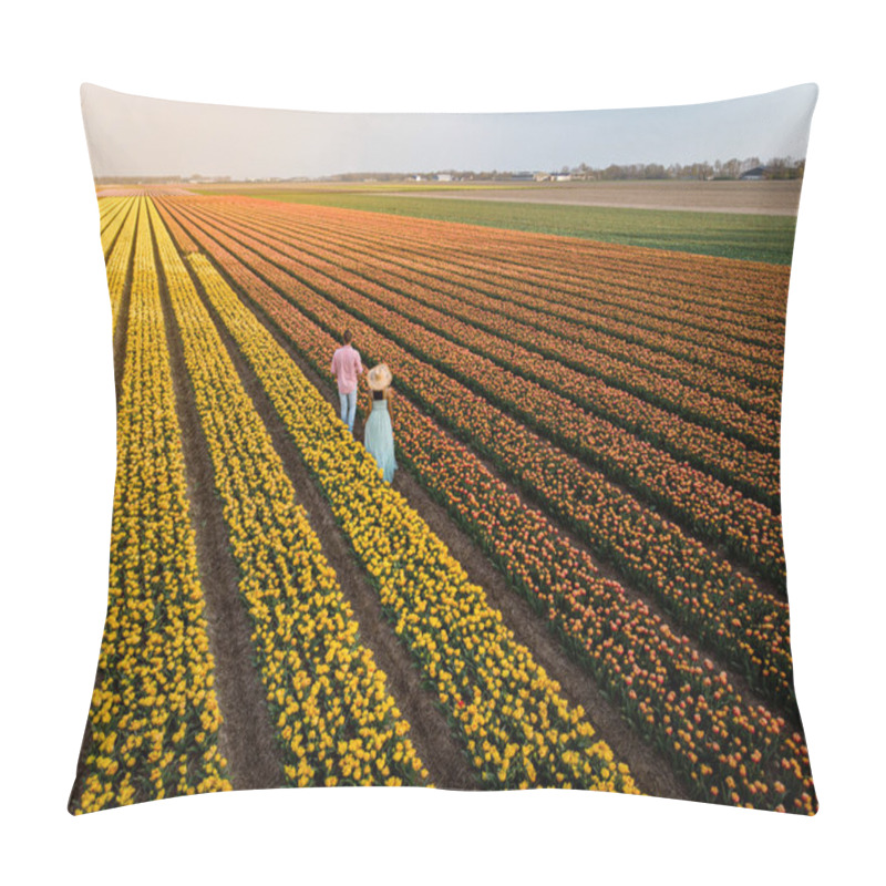 Personality  Drone Aerial View From Above At Couple Men And Woman In Tulip Field, Noordoostpolder Netherlands, Bulb Region Holland In Full Bloom During Spring, Colorful Tulip Fields Pillow Covers