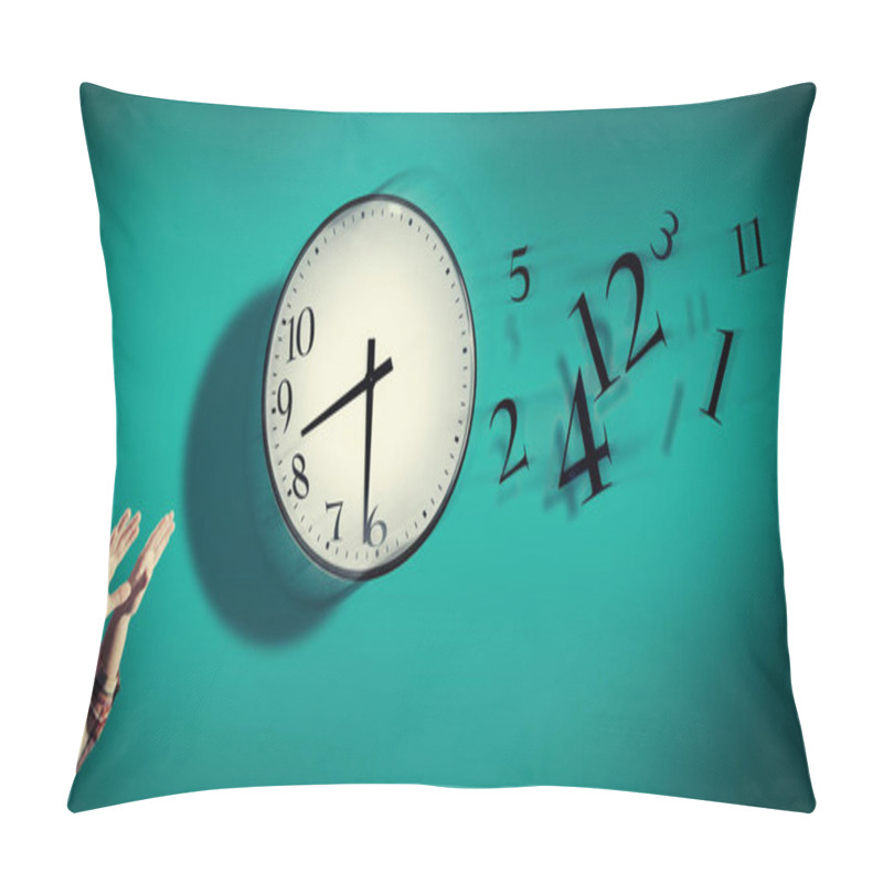 Personality  Hands Catching A Clock With Numbers Detached In The Air. Lack Of Time Concept . The Concept Of Time Passing Quickly Pillow Covers