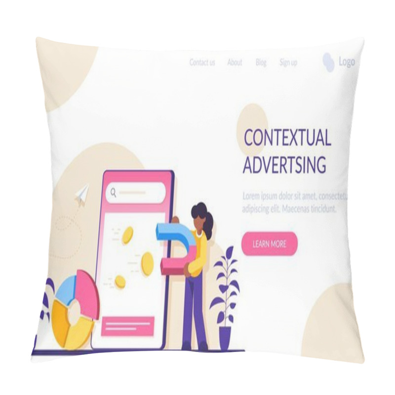 Personality  Contextual Advertsing Online Service Or Platform. Woman With A Magnet Attracts Coins. Marketing Campaign And Social Network Advertising. Modern Flat Illustration. Pillow Covers