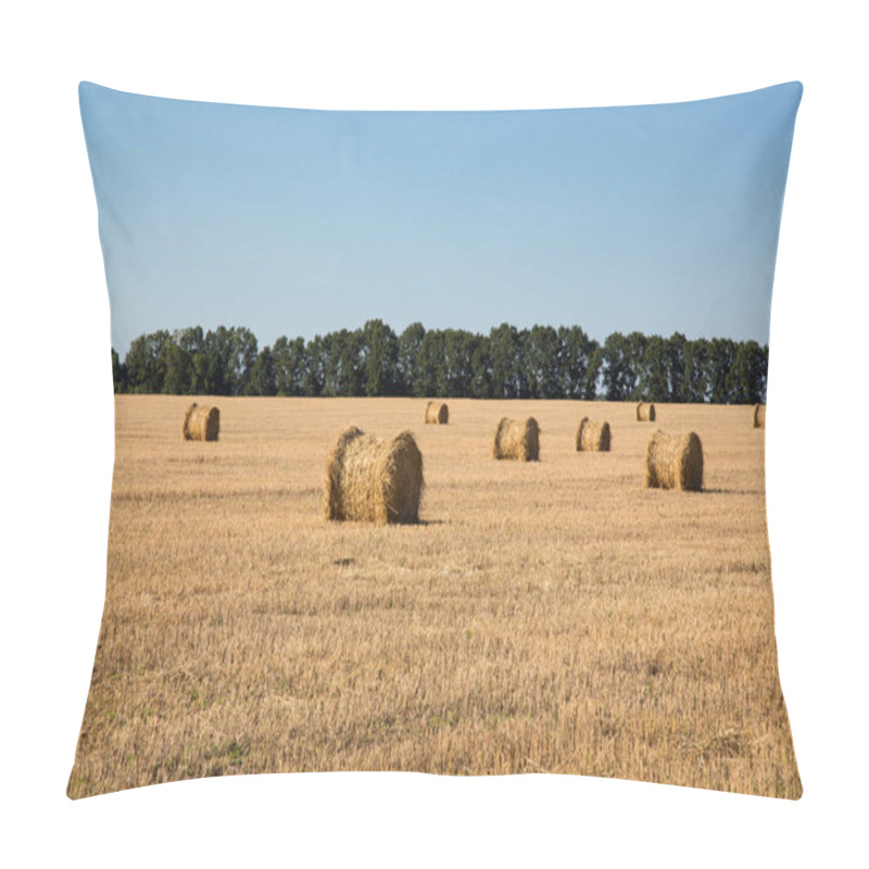 Personality  A Wide Yellow Field Of Dry Grass With Golden Rolls Of Hay. Harvesting Of Straw In The End Of Summer. Green Trees In The Background.  Pillow Covers