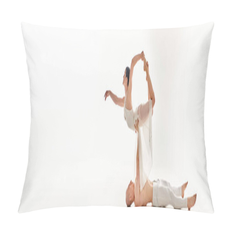 Personality  A Shirtless Young Man And A Woman In A White Dress Perform Acrobatic Dance Moves. Pillow Covers