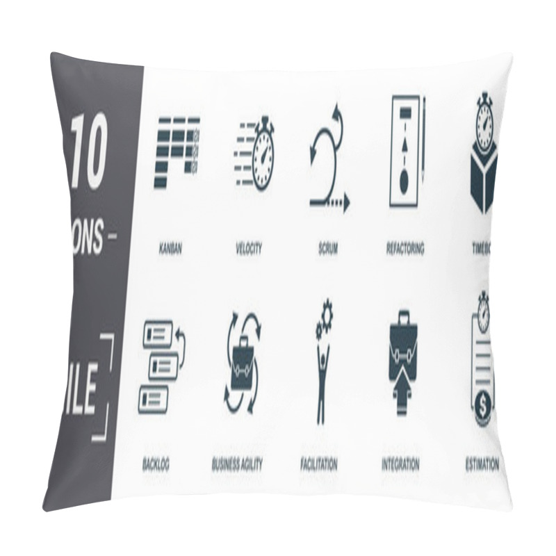 Personality  Agile Icon Set. Contain Filled Flat Backlog ,Business Agility ,Estimation ,Facilitation ,Integration ,Kanban ,Refactoring ,Scrum ,Timebox ,Velocity Icons. Editable Format Pillow Covers