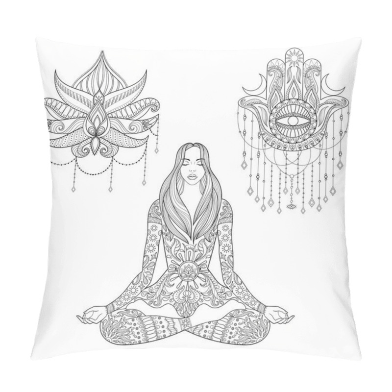 Personality  Woman Sitting In Lotus Position, Hamsa Hand, Flower Tattoo Desig Pillow Covers