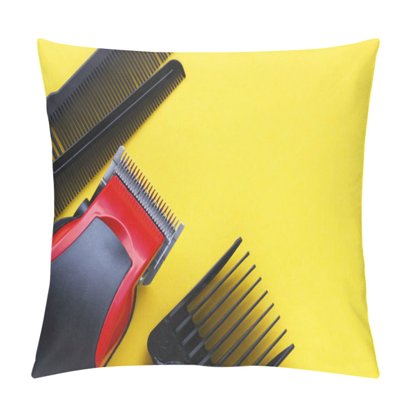 Personality  Hairdressers Tool. Hair Clipper Close-up On A Yellow Background With Nozzles Of Different Sizes. Pillow Covers